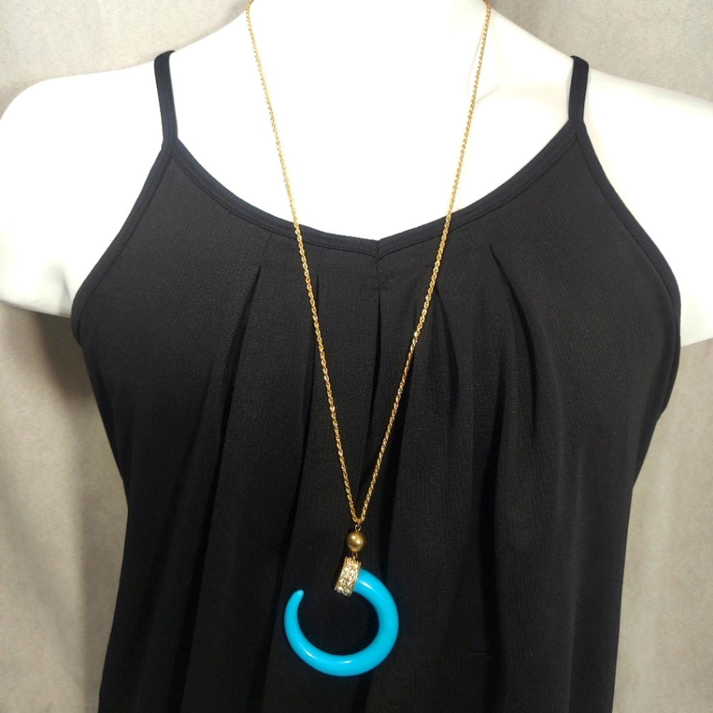 Diva Gold Tone Long Rhinestone Blue Crescent Necklace